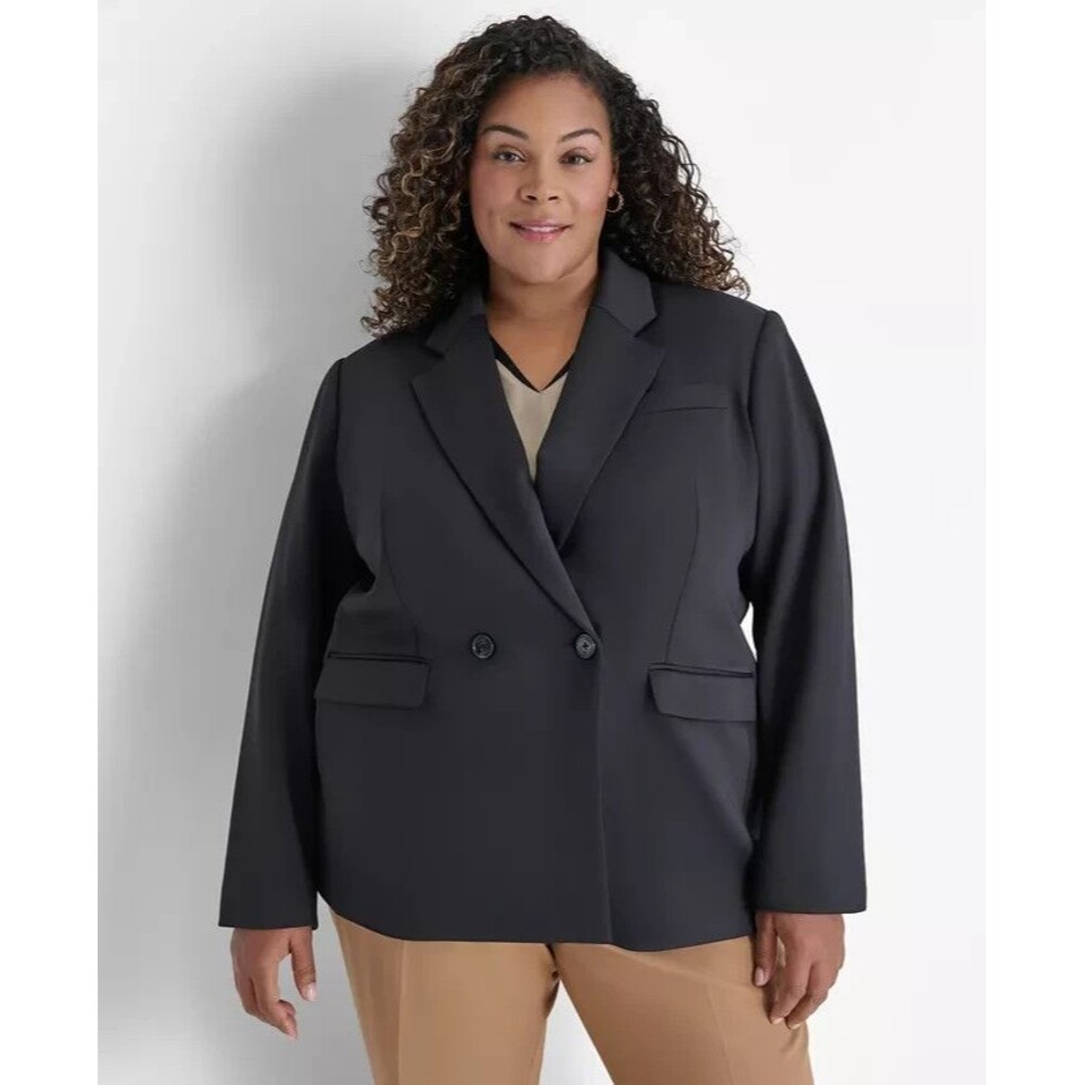 DKNY Women's Plus Size Double Breasted Notch-Collar Jacket Blazer Deep Black 24W